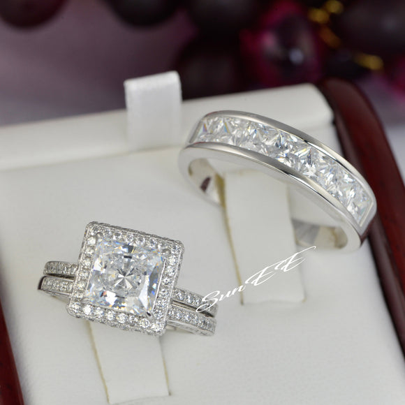 His Hers Halo Princess Cut Bridal Wedding Engagement Ring Diamond Simulated 925 Sterling Silver Anniversary Ring SKU:00174