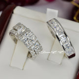 His Hers Halo Princess Cut with Baguette Wedding Set Engagement Ring Wedding Band Diamond Simulated 925 Sterling Silver Anniversary Rings SKU:00212