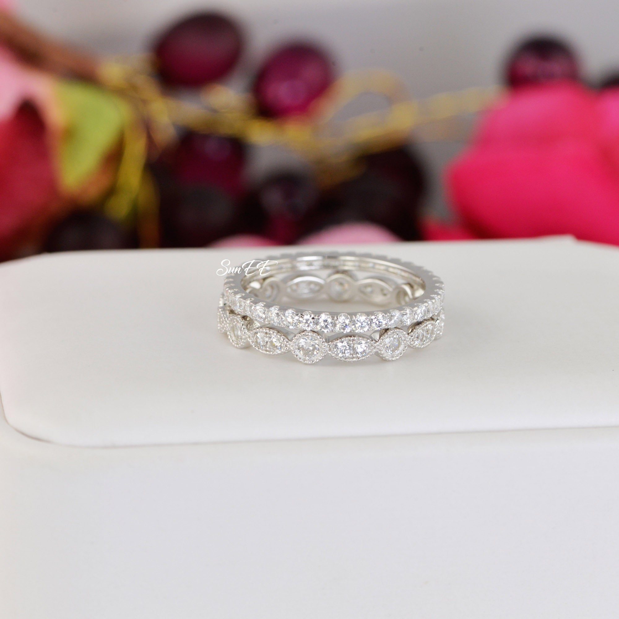 1.4ct Art Deco & Full Eternity Wedding Band Stack Promise