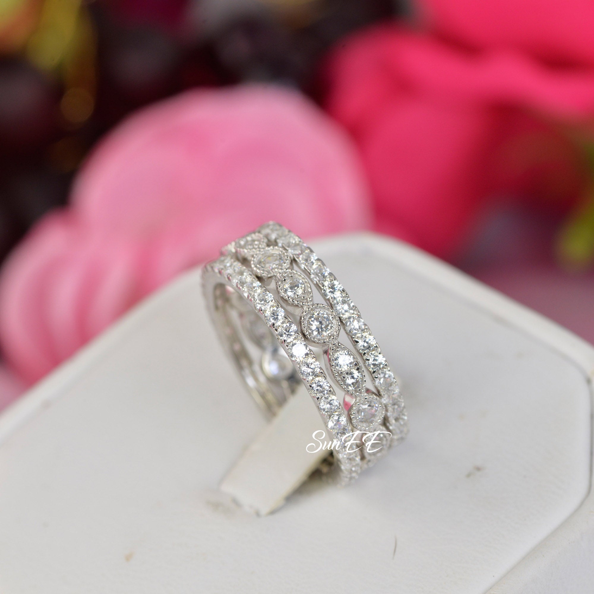 2.14ct Art Deco & 2 Full Eternity Wedding Band Stack Promise