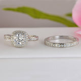 Couple 2.09ct Double Halo Cushion Bridal Wedding Engagement Ring with Men’s Ring Diamond Simulated 925 Sterling Silver Anniversary Rings SKU:00233