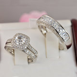 Couple 2.09ct Double Halo Cushion Bridal Wedding Engagement Ring with Men’s Ring Diamond Simulated 925 Sterling Silver Anniversary Rings SKU:00232