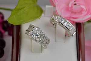 Couple 3.67ct Princess Cut 4pcs Wedding Set Engagement Ring Wedding Band Diamond Simulated 925 Sterling Silver Women's Bridal Set SKU:00217